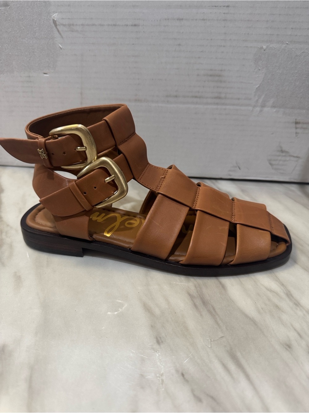 Sam Edelman Tan Leather Strappy Fisherman Sandals with Gold Buckles - Picture 9 of 12